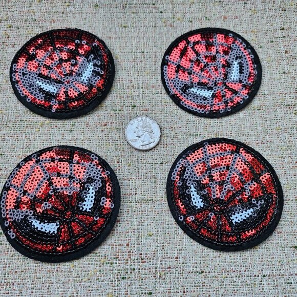 Lot of 4 Patches Red Sequins Sewing On Patches Red/Black Spider Web Round Patch - Picture 9 of 10